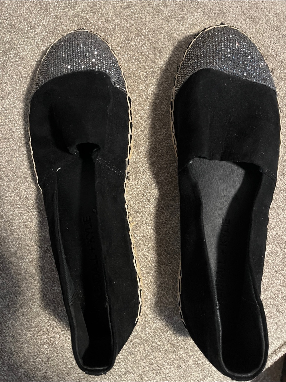 Black Suede Espadrille Flats with Glitter Toe NWOT